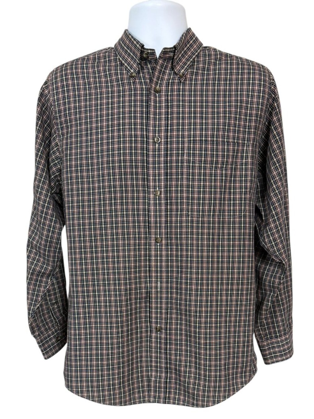 Arrow Men's Medium Micro Plaid Button Up shirt Burgundy Navy Cream